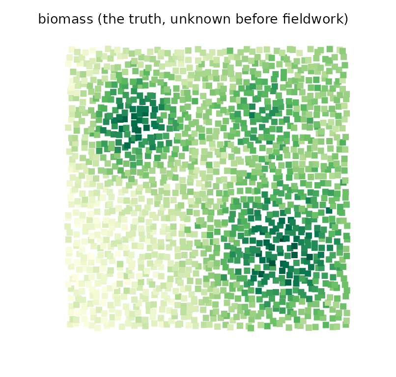 A heat map of biomass over the 40 by 40 landscape, with three high patches and a gentle west-to-east rise.