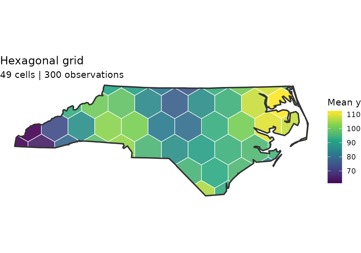 The same response aggregated into a regular hexagonal grid of about fifty equal-area cells, showing the same west-to-east gradient on a fixed geometry rather than one drawn from the data.