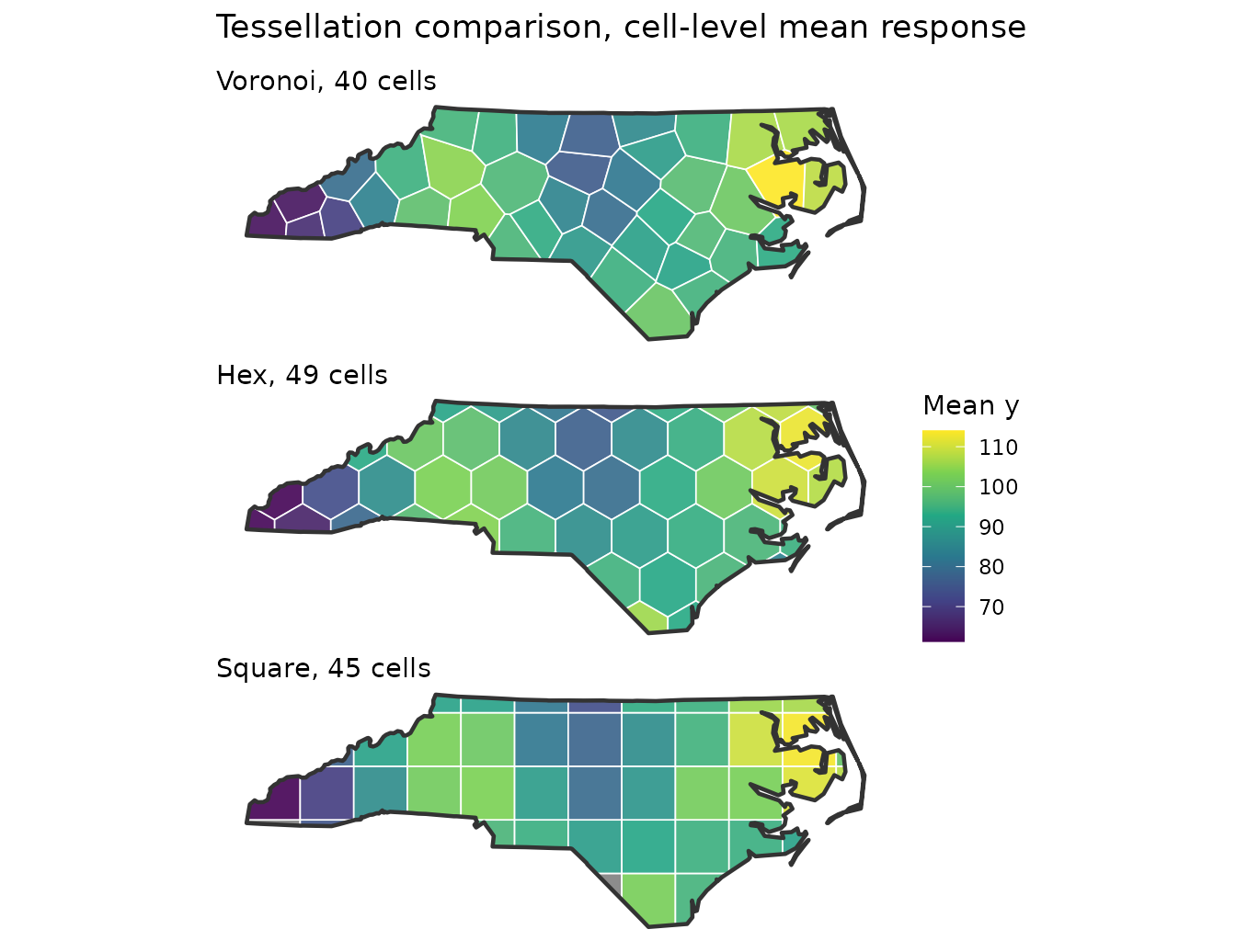 The Voronoi, hexagonal and square maps stacked on one shared colour scale, so the cell values can be compared down the page. All three show the same west-to-east gradient; they differ in how the cell boundaries fall.