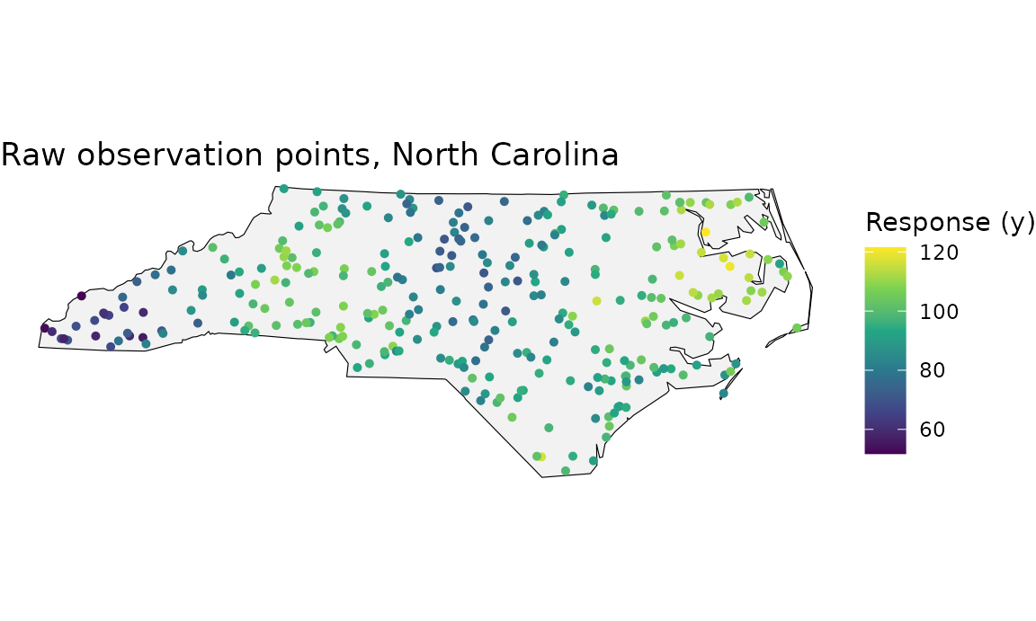 Three hundred simulated observation points scattered across North Carolina, coloured by response value. Lower values cluster in the west and higher values along the eastern coast.